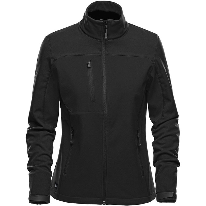 A black softshell jacket with a zip front, high collar, and a zippered pocket on the chest. It features a logo.