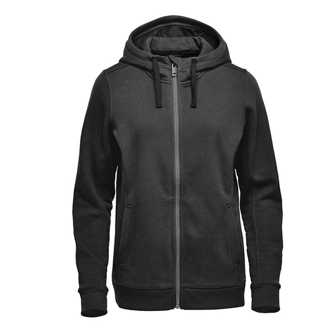 A black women's dolomite fleece hoody with a zip front, drawstring hood, and side pockets. Features a logo.