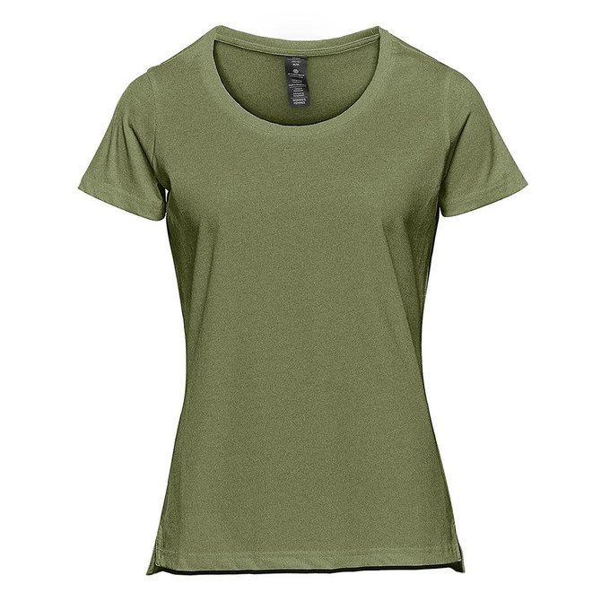 A green women's short sleeve tee with a round neckline and a logo on the label.