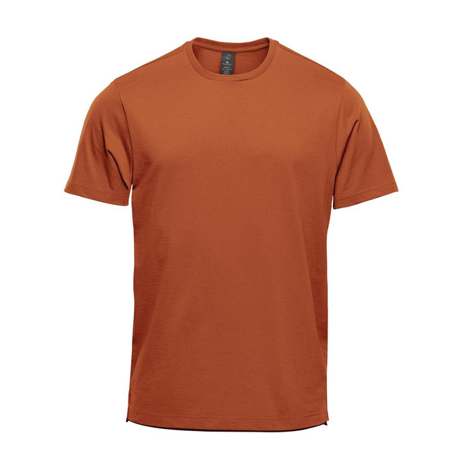 A rust-coloured men's short sleeve tee with a simple design and a branding logo.