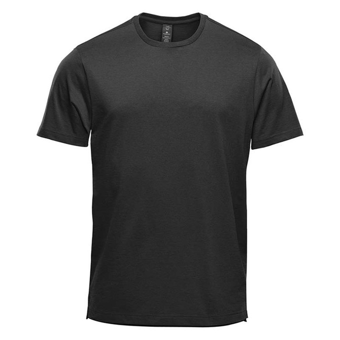 A black short sleeve tee with a round neckline and a small logo on the label.