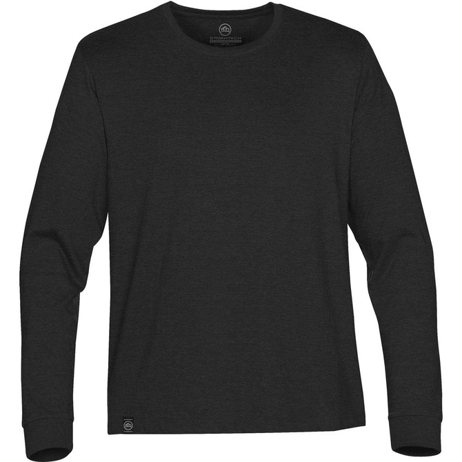 A black long sleeve T-shirt with a round neck and a small logo on the side.