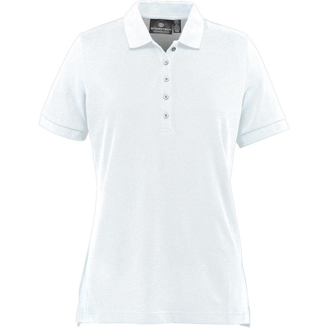 A light blue women's polo shirt with a buttoned placket and short sleeves, featuring a logo.