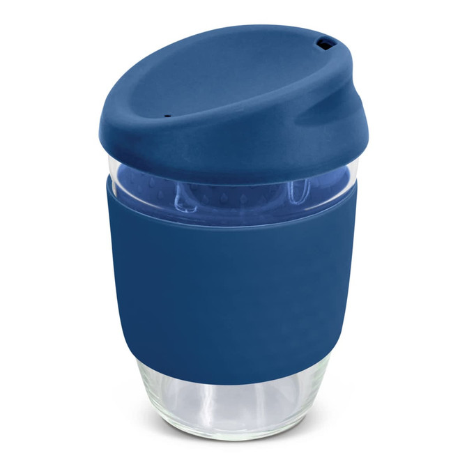 A drink bottle featuring a blue silicone sleeve and lid, made of clear borosilicate glass, with a brand logo.