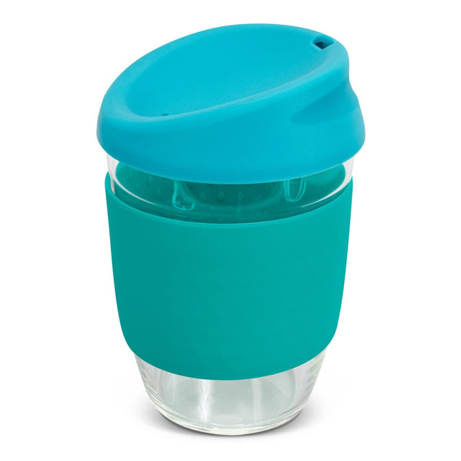 A drink bottle featuring a clear borosilicate glass body with a teal silicone sleeve and lid. It has a logo.