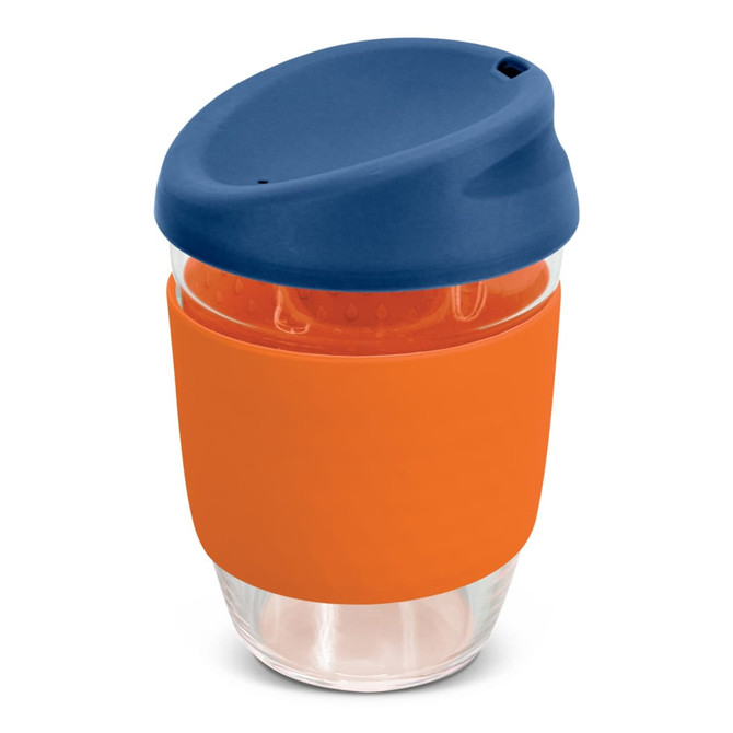 A drink bottle made of borosilicate glass with an orange silicone sleeve and a blue lid. Features a logo.
