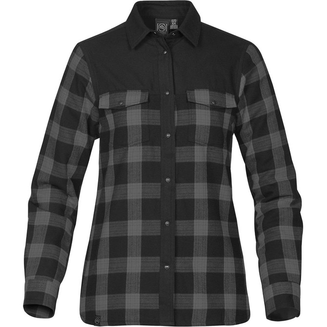 A black and grey checked women's thermal shirt featuring a button-up design and two chest pockets.