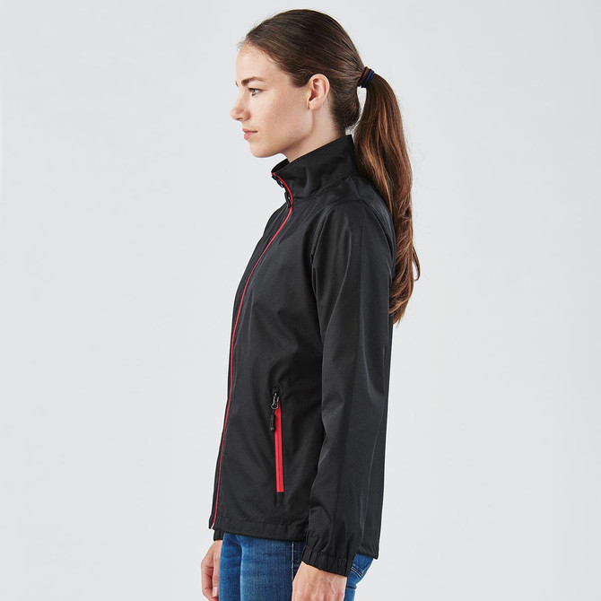 A black rain jacket for women with a red zipper, featuring a high collar and zipped side pockets.