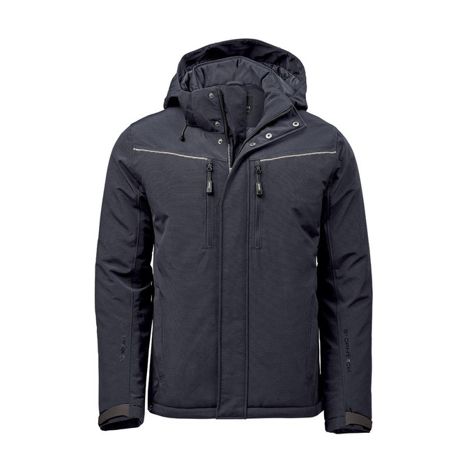 Men's Steelhead Thermal Jacket in black, featuring a hood and zippered pockets, with a logo on the sleeve.