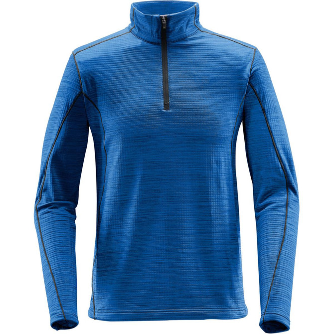 A blue men's base thermal 1/4 zip jumper with contrasting stitching and a branded logo.