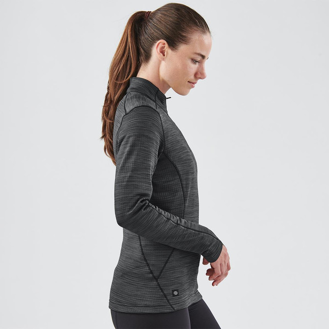 A women's black thermal 1/4 zip jumper, featuring a fitted design and long sleeves, with a logo on the hem.