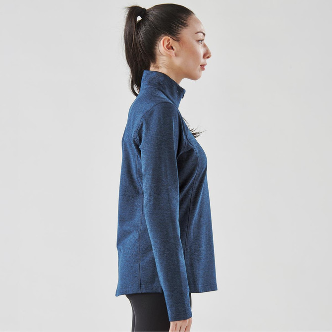 A women's navy performance pullover with a 1/4 zip and high collar, featuring a logo.