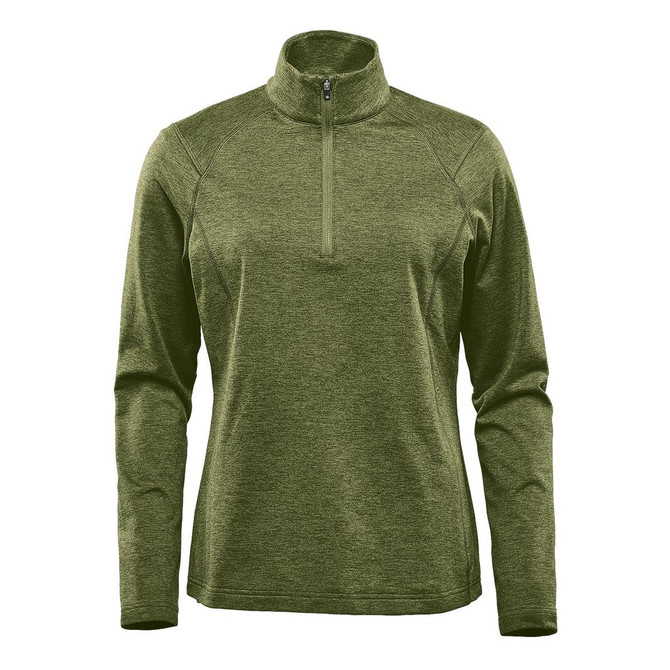 A green women's 1/4 zip pullover jumper features long sleeves and a high collar. It has a logo on the front.