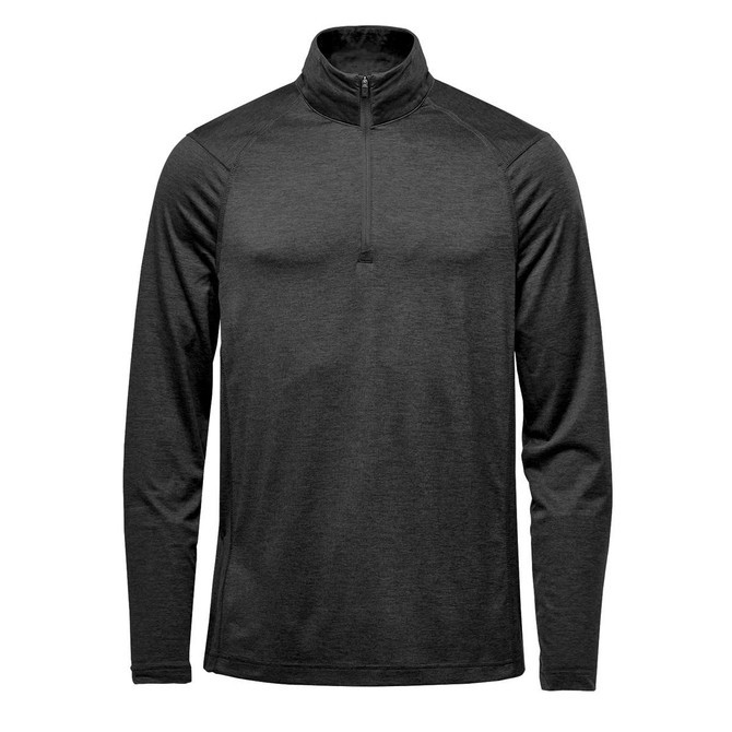 A black men's pullover featuring a 1/4 zip design and long sleeves, with a logo on the chest.