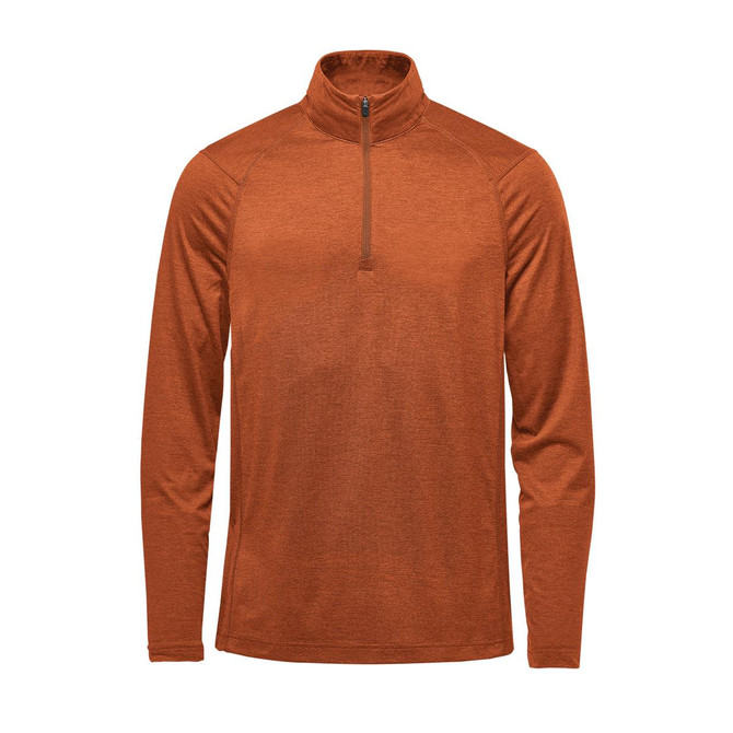 A men's Milano 1/4 zip pullover in a rich orange shade, featuring long sleeves and a zip collar. Includes a small logo.