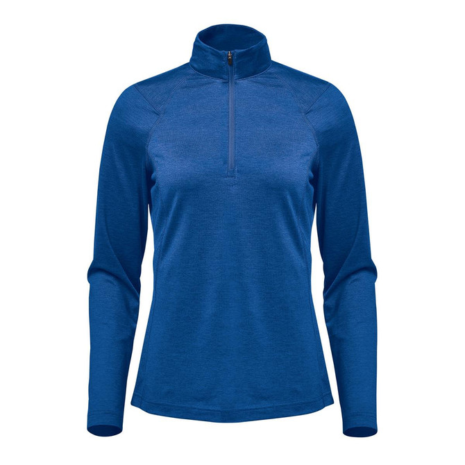 A blue women's pullover with a 1/4 zip and long sleeves. It features a collar and has a logo.