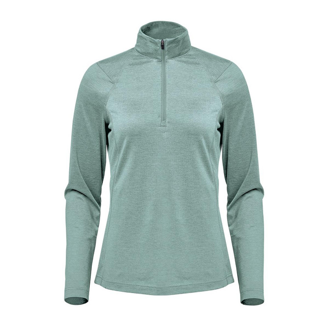 A women's 1/4 zip pullover in a soft green colour, featuring long sleeves and a high collar. It has a logo.