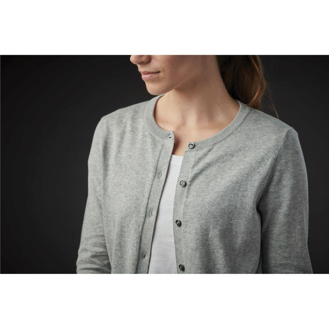 A grey women's cardigan with a round neckline and button closure, featuring a subtle branding logo.