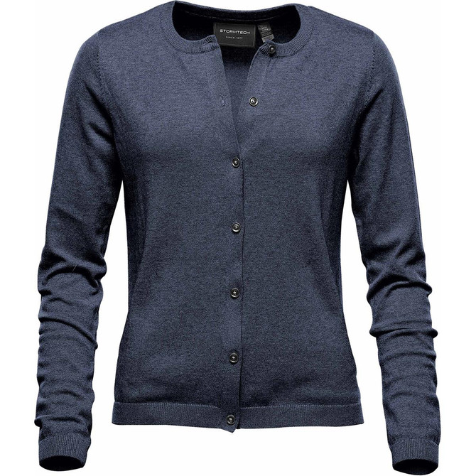 A navy women's cardigan featuring a button-up front and long sleeves, with a subtle logo on the label.
