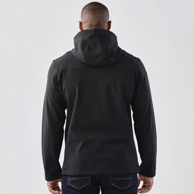 A black softshell hoody for men, featuring a hood and a sleek design, viewed from the back.