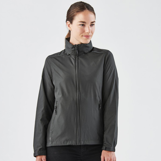 A women's rain jacket in dark grey, featuring a zip front and side pockets. It has a subtle logo on the chest.