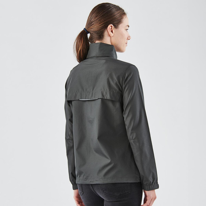 A women's rain jacket in dark grey, featuring a high collar and a flap at the back, with a logo present.