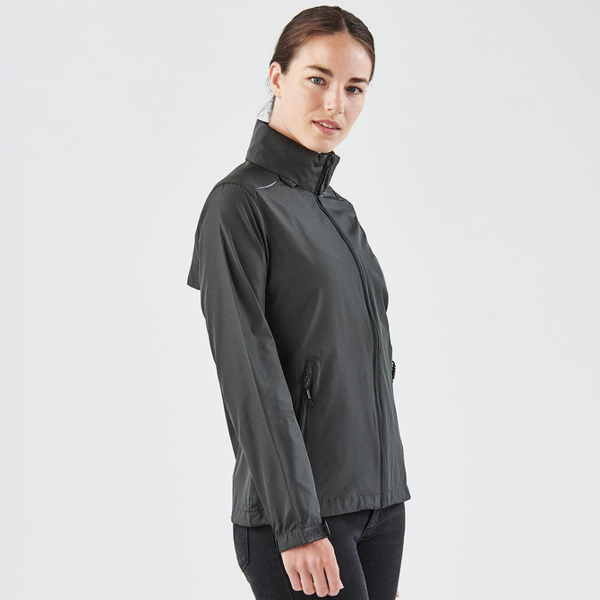 A women's rain jacket in dark grey featuring a zip front, high collar, and side pockets, with branding present.