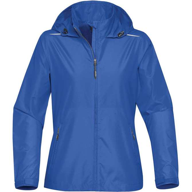 A blue women's rain jacket with a hood and zippered pockets, featuring a branding logo.
