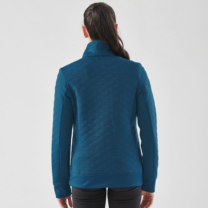 A 1/4 zip pullover in teal with a textured pattern, featuring a high collar and long sleeves.
