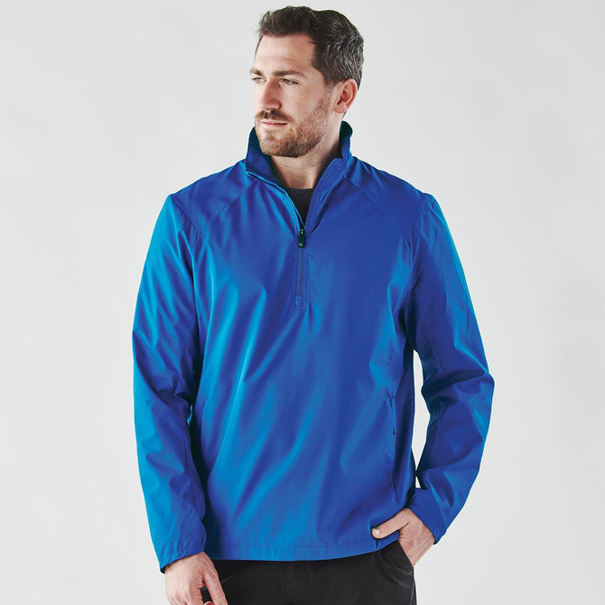 A blue men's 1/4 zip anorak jacket with a front zipper and a logo on the chest.