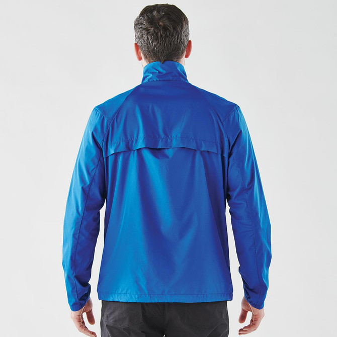 A blue Men's Pacifica 1/4 Zip Anorak jacket featuring a back view with a collar and a logo.