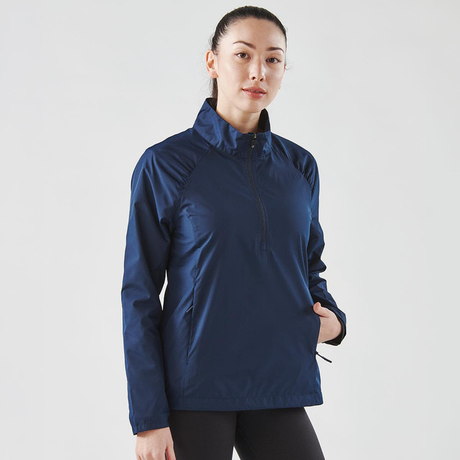 A navy blue women's 1/4 zip anorak jacket with a zippered collar and a logo on the front.