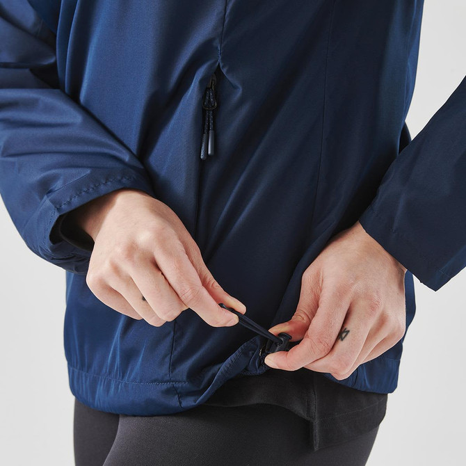 A navy blue women's 1/4 zip anorak jacket with a drawstring hem, featuring a logo.