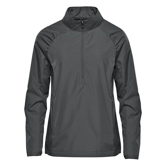 A women's rain jacket in dark grey featuring a 1/4 zip and a logo. Ideal for outdoor wear.