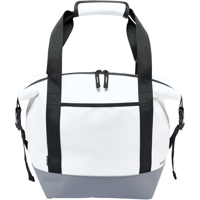 A cooler bag featuring a white body with black straps and accents, designed for portable storage.