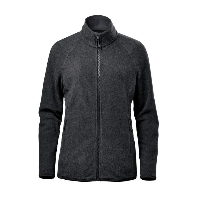 A women's full zip jacket in dark grey with a high collar and two side pockets. It features a logo.