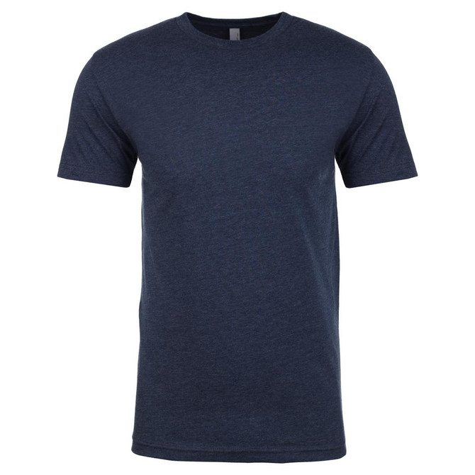 A navy blue men's crew neck t-shirt made from CVC fabric, featuring short sleeves and a simple design.