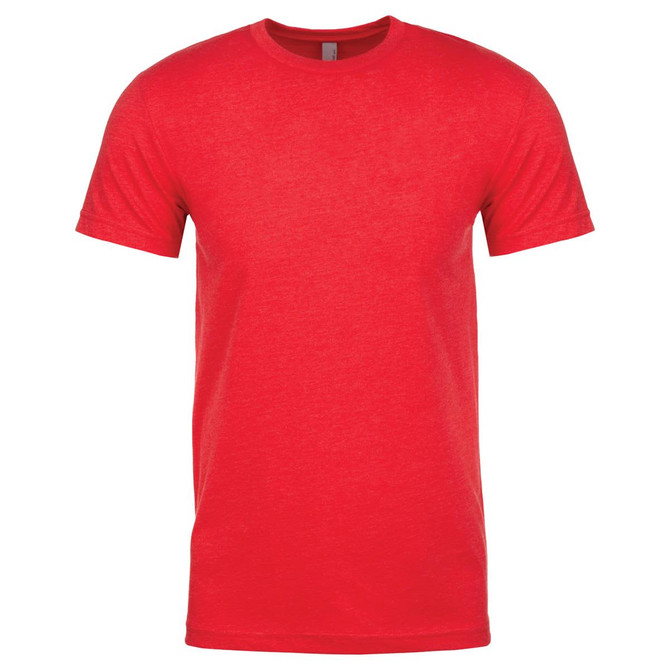 A red crew neck t-shirt made from CVC material with short sleeves and a logo.