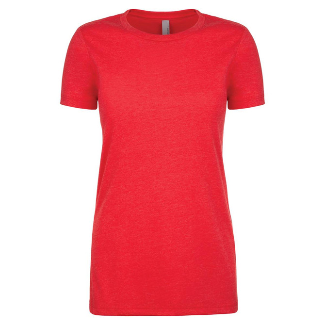 A red women's crew neck t-shirt featuring short sleeves and a simple design, with a branding logo.