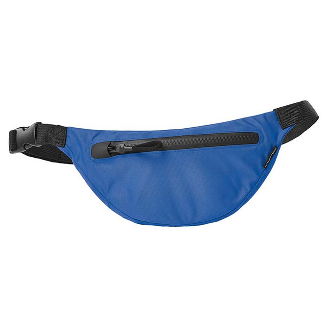 A blue waist pack with a zip pocket and adjustable strap, featuring a logo.