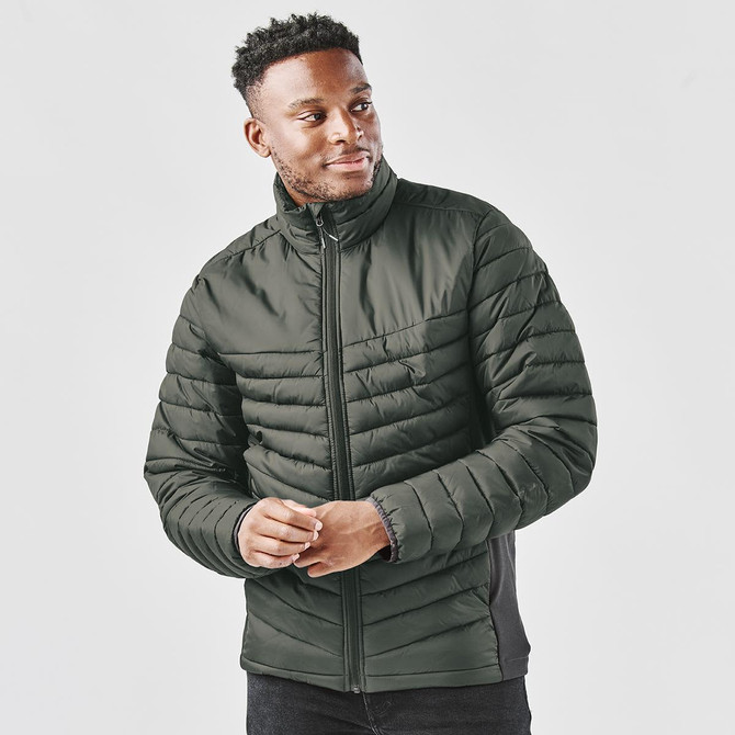 Men's Montserrat Thermal Jacket in dark green, featuring a zip-up front, quilted design, and a logo on the chest.