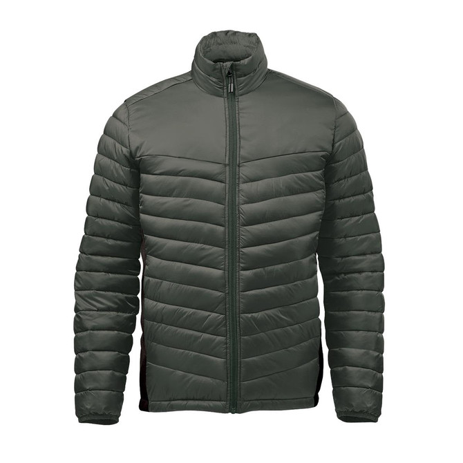A Men's Montserrat Thermal Jacket in deep green features a short neck and zip closure, with a logo on it.