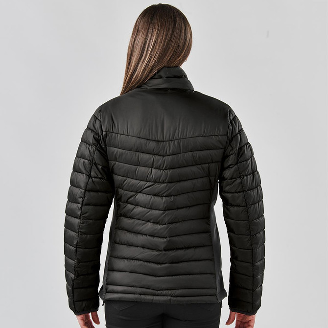 A black women's Montserrat thermal jacket featuring a quilted design and a collar, viewed from the back.