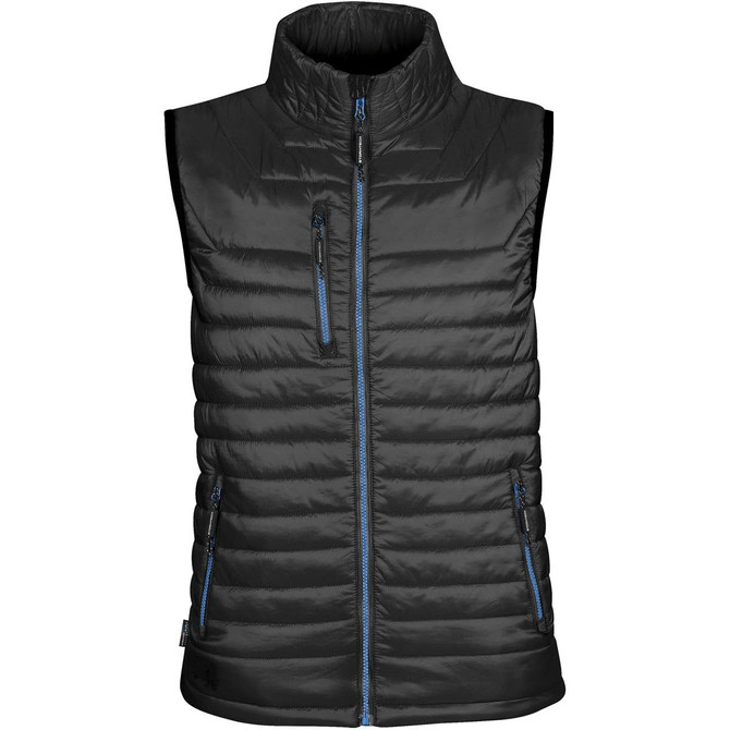 A black thermal vest with a zip front, featuring horizontal stitching and blue accents, including a logo.