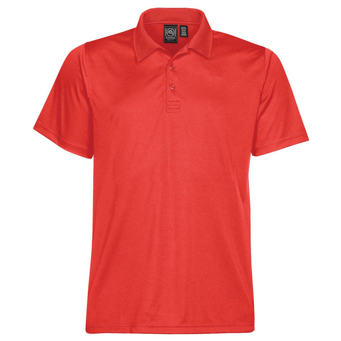 A red men's polo shirt with a classic collar and three-button placket. It features a logo on the label.