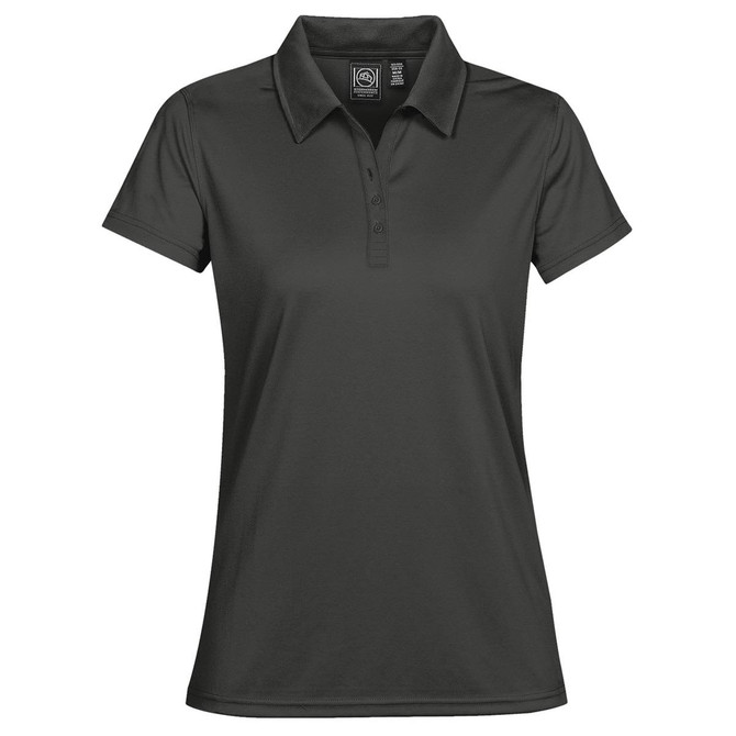 A women's polo shirt in dark grey, featuring a collar and a logo on the upper side.