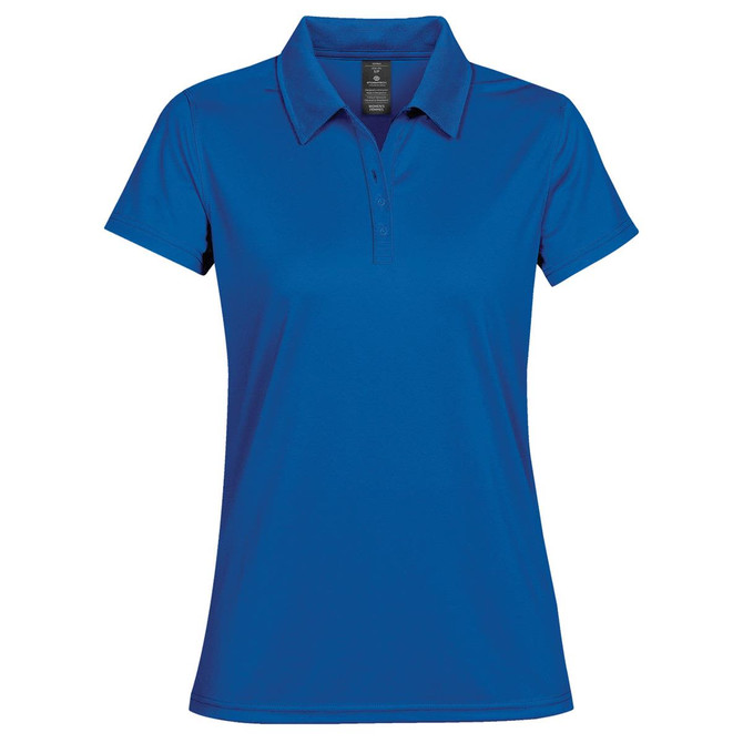 A blue women's polo shirt with a collar and short sleeves, featuring a logo on the chest.