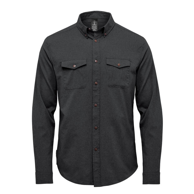 Men's Azores Quick Dry Shirt in dark green, featuring long sleeves, button-up front, and two chest pockets.