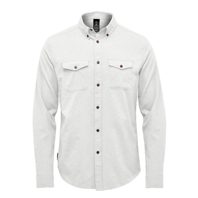 A light grey long-sleeve shirt with a button-up front and two chest pockets, featuring a logo on the tag.