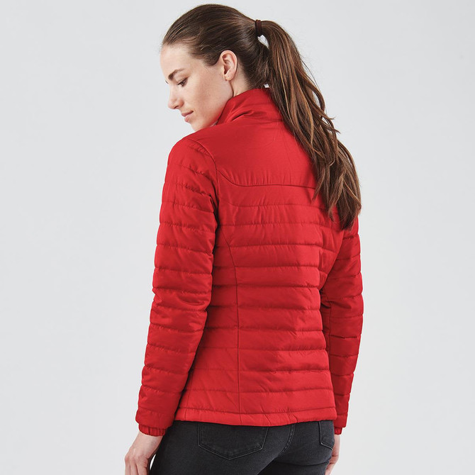 A red women's quilted jacket with a fitted design, displayed from the back. It features a collar and has a logo.